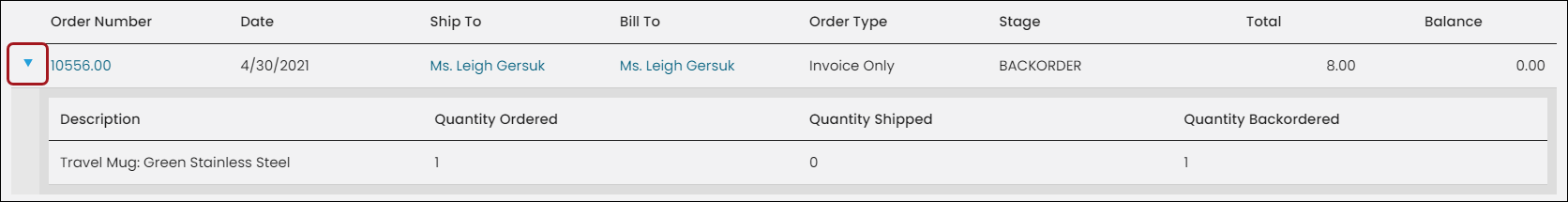 Order lin expanded to show details
