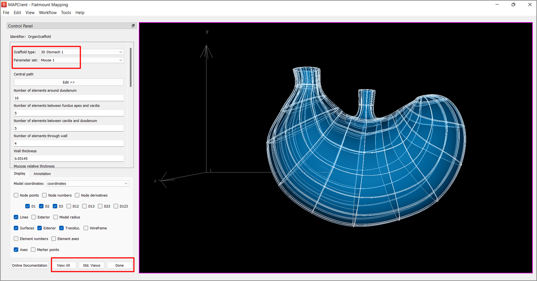 Figure 3. Scaffold Creator configured for a mouse 3D stomach scaffold, the view has been manipulated to show a non-default view.