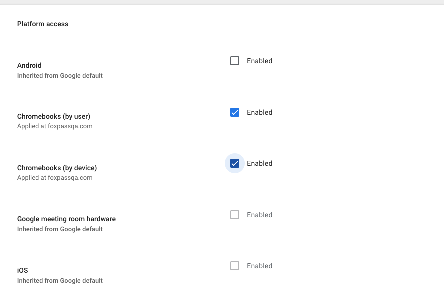 Enable Platform access for Chromebooks