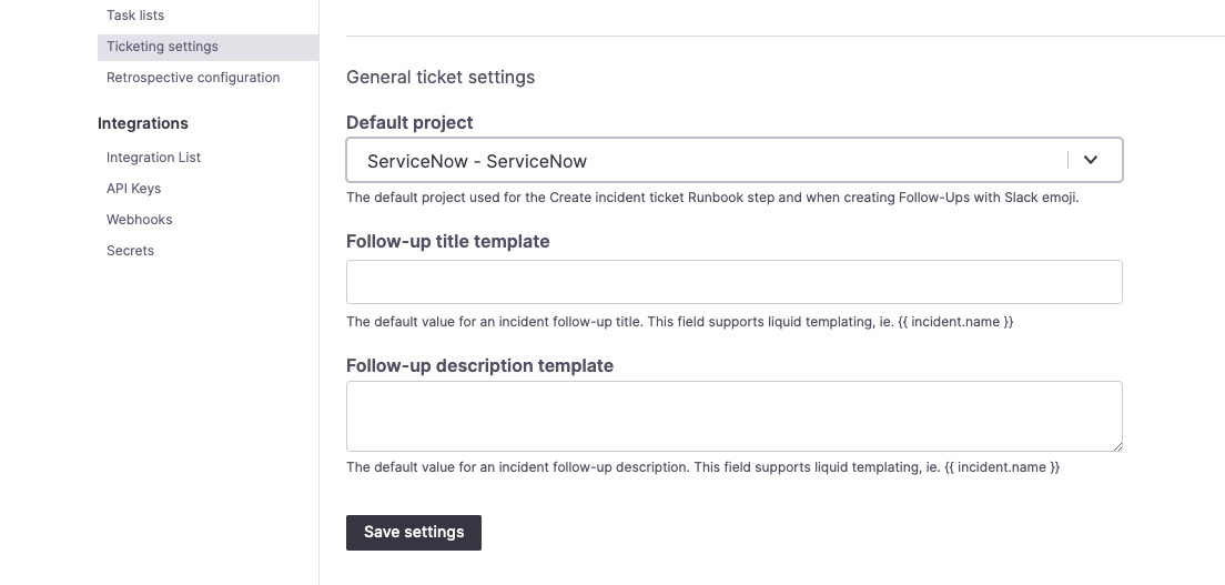 Selecting ServiceNow as the default project