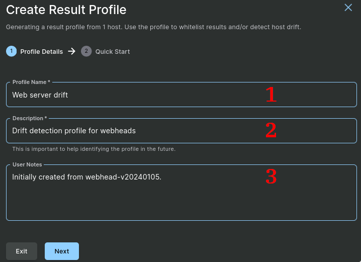 Screenshot of result profile creation dialog.
