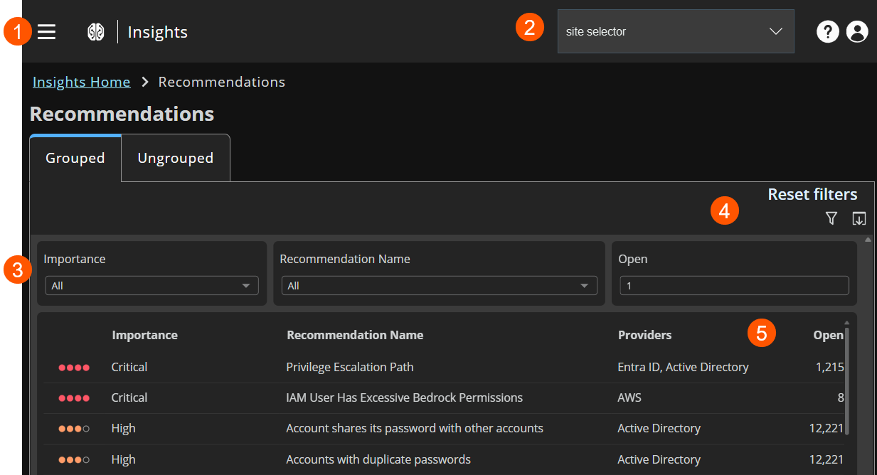 The Recommendations page provides both at-a-glance, high-level overviews of recommended security actions, and in-depth summaries.