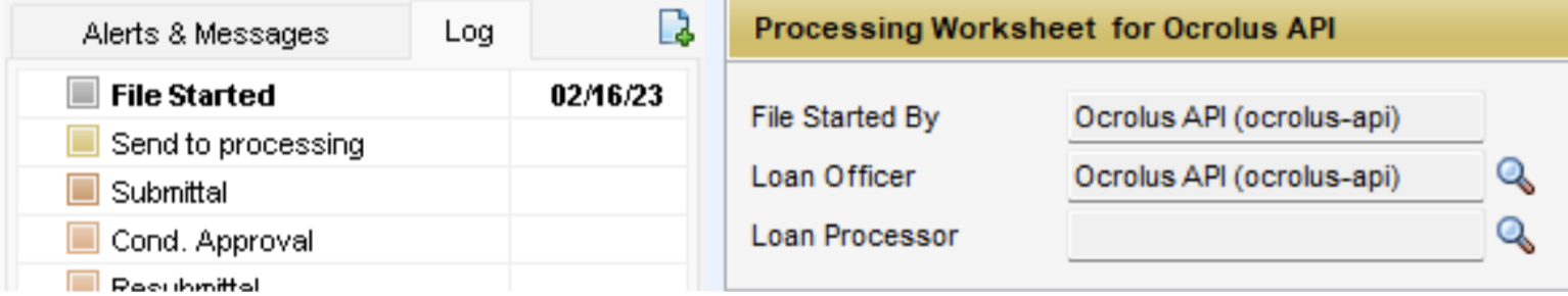 The Encompass Log displays the individual users assigned to the File Started milestone. There is a file starter, a Loan Officer, and a Loan Processor assigned to this milestone.