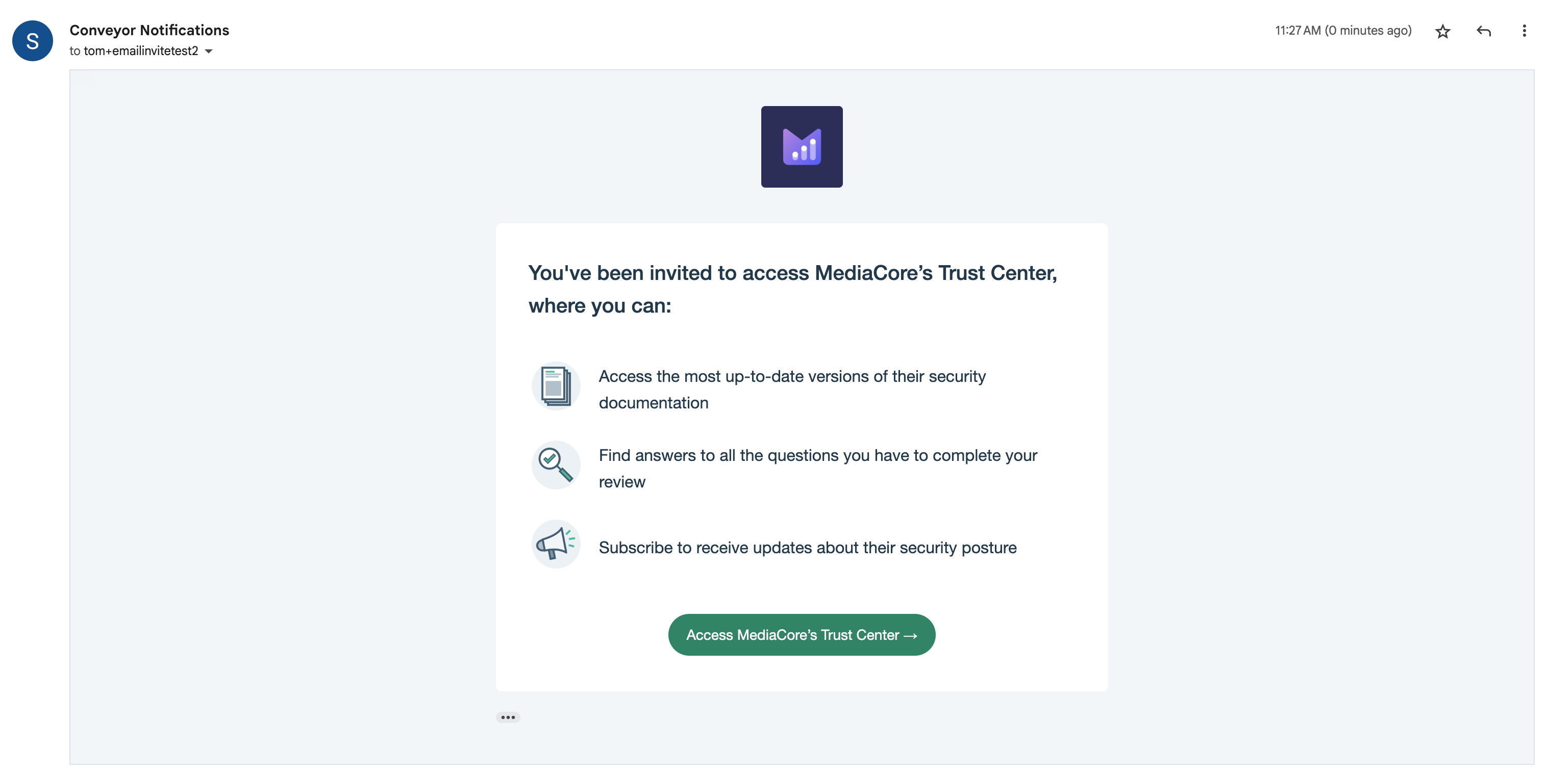 Recipients receive a branded invitation email with a single-click access flow. Example of an invitation email received by a recipient, branded with a custom logo and send-from address.