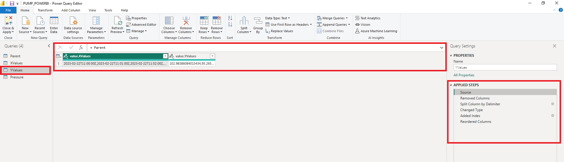 Applied setting for creating 'YValues' table 