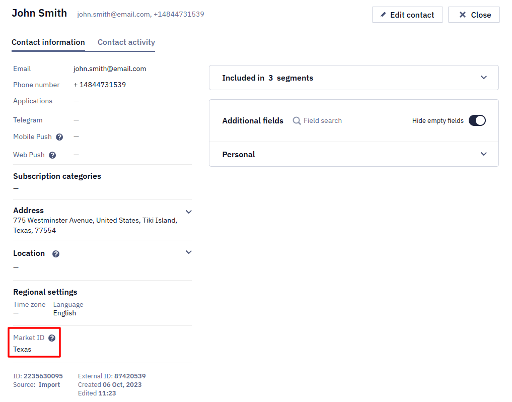 Market ID in a contact profile