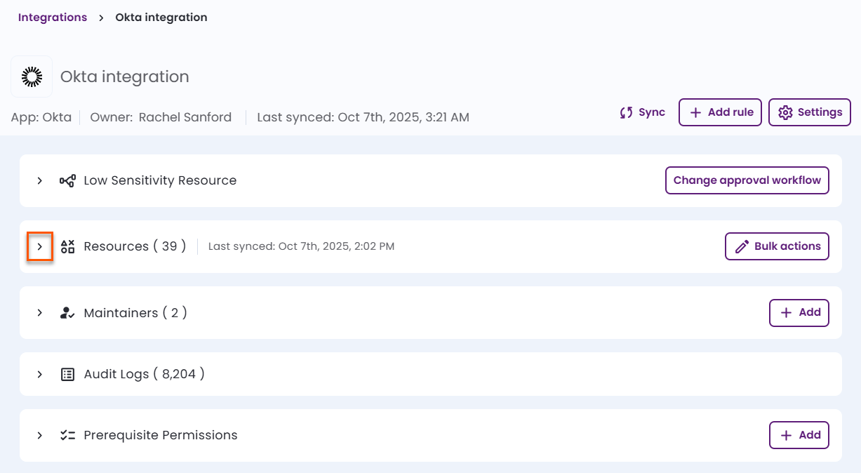 Screenshot of the specific integration's details, indicating how to expand the Resources section 