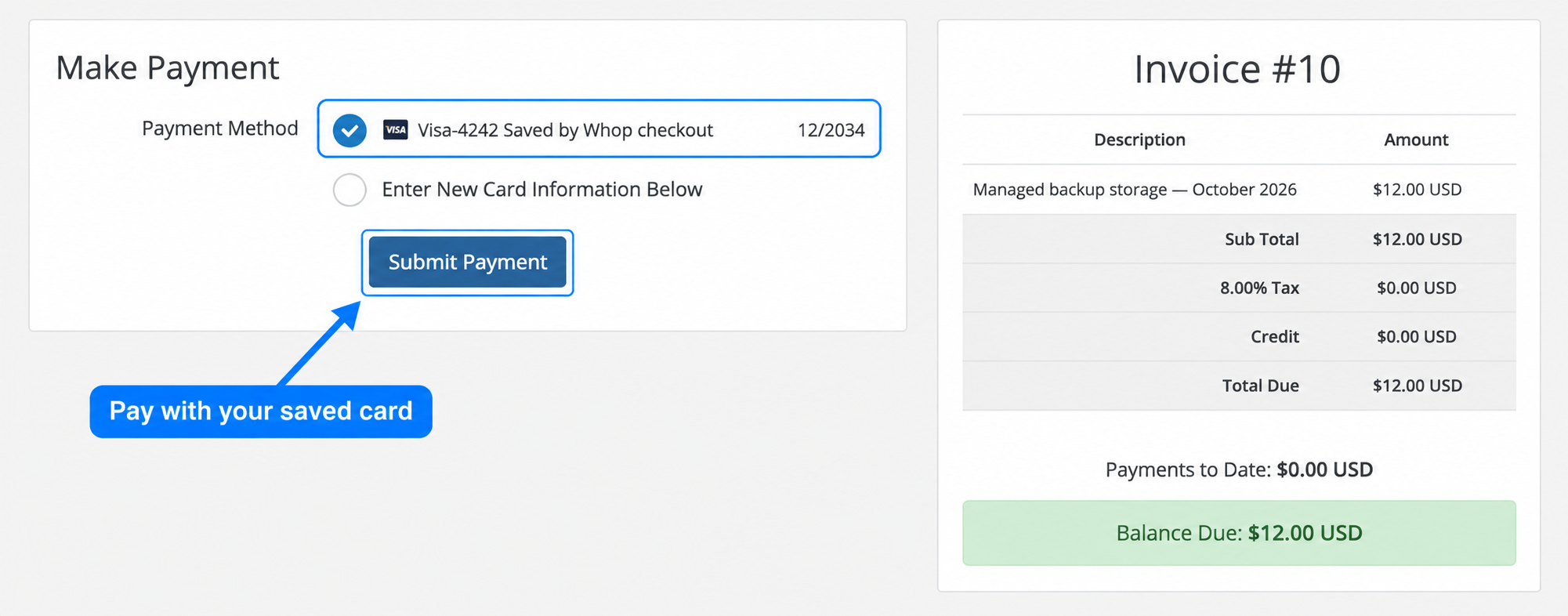 Pay an invoice with a saved card