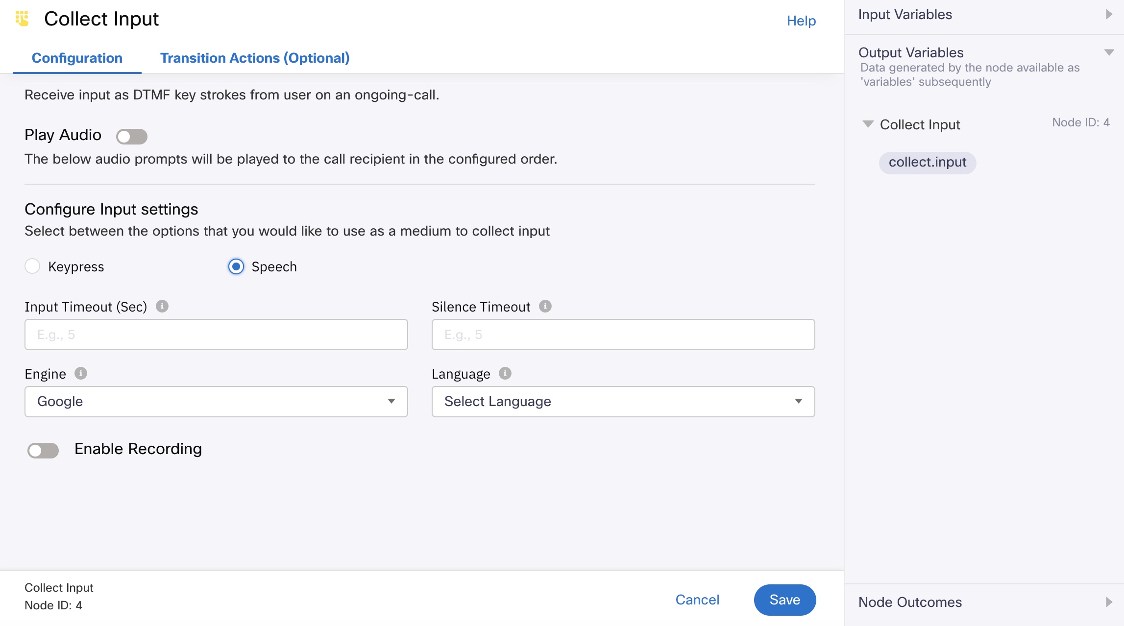 Speech Collect Input Node Configuration