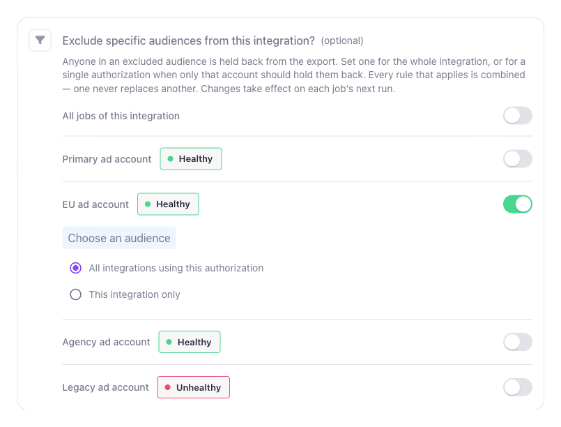 Destination filter turned on for a single authorization, with the scope options