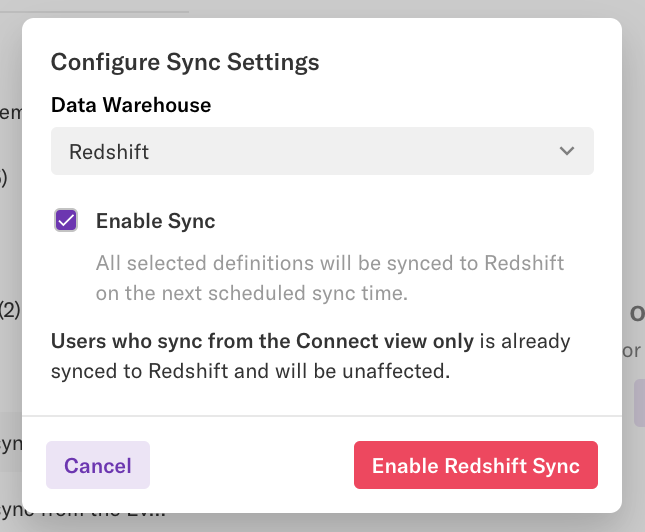 The Configure Sync Settings pop-up in Heap with the 'Enable Sync' checkbox clicked