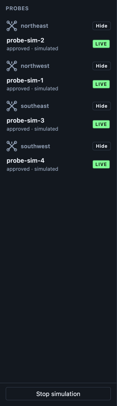 The probe list, grouped by airframe, with LIVE and Hide.