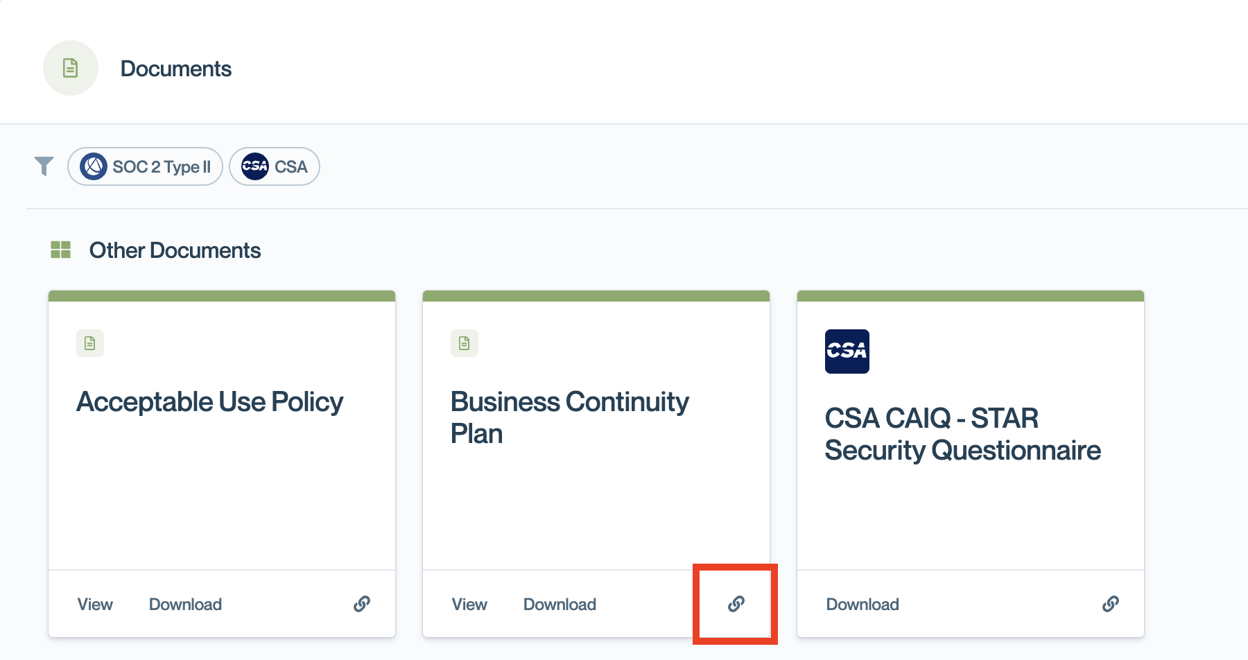 Other Documents section showing cards for Acceptable Use Policy, Business Continuity Plan, and CSA CAIQ – STAR Security Questionnaire. The Business Continuity Plan card has its link icon highlighted in red.