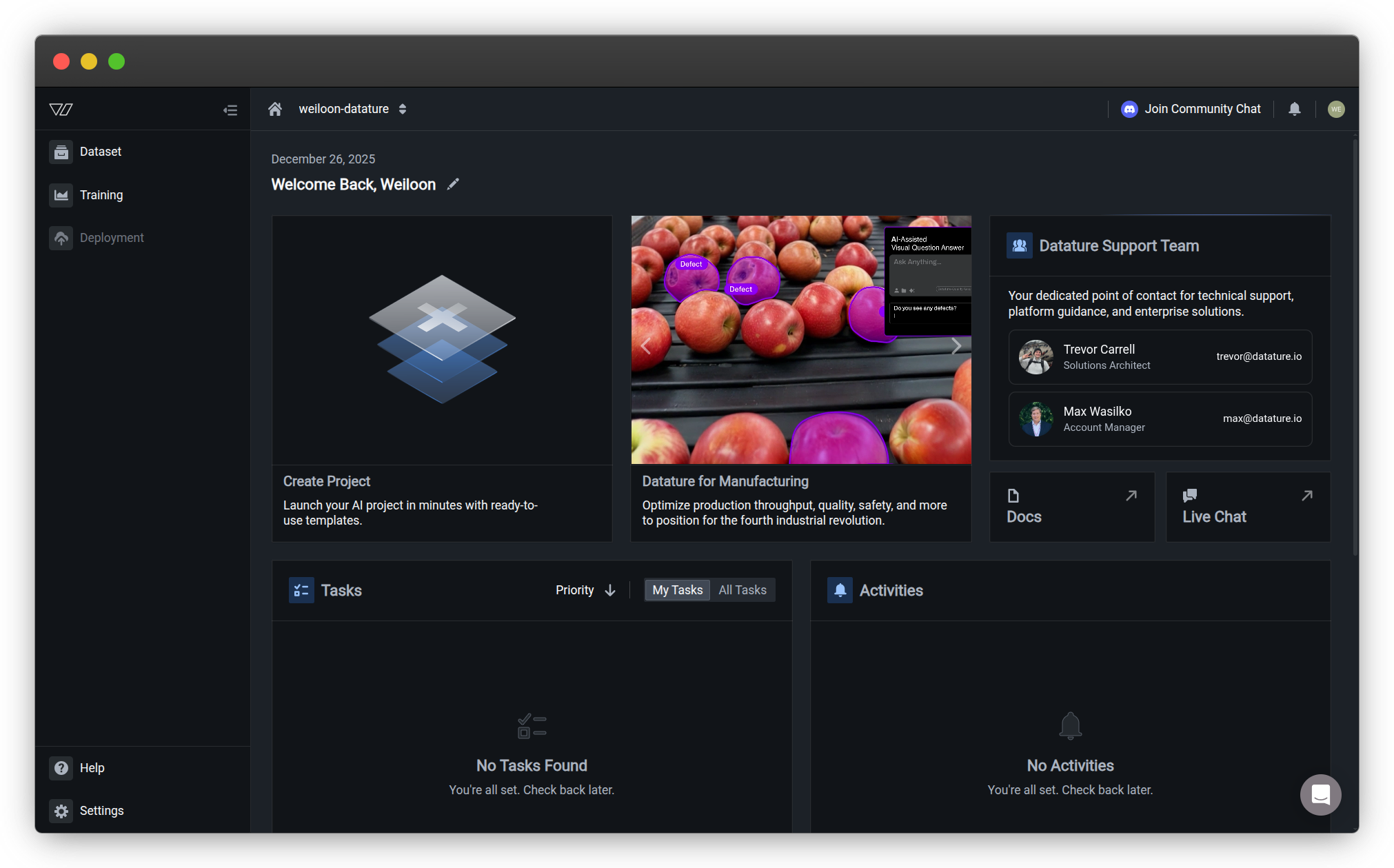 Datature Vi dashboard with Dataset tab highlighted