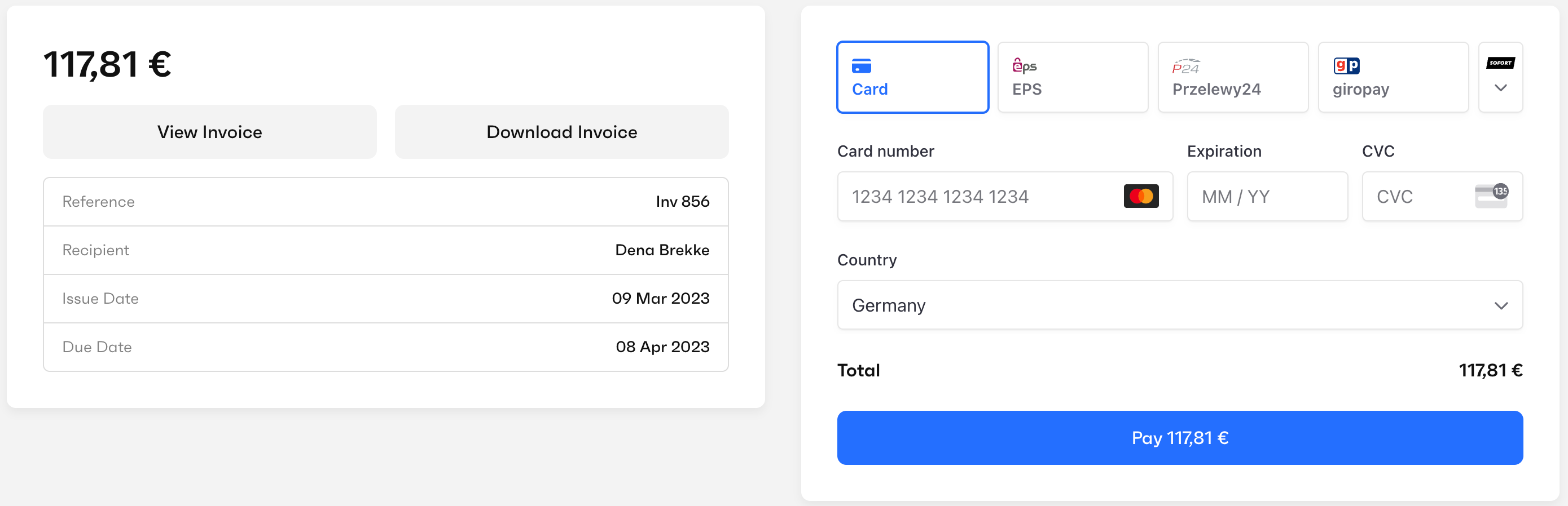 Example of partner payment screen displaying the available payment methods.