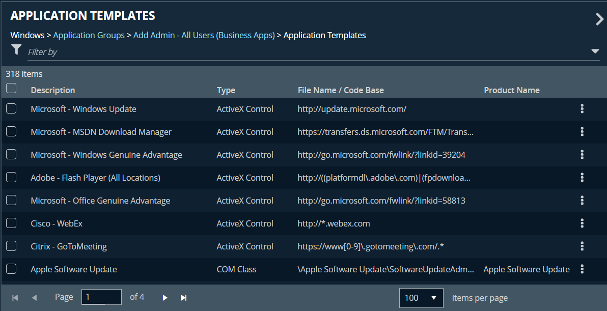 Application templates in the Policy Editor