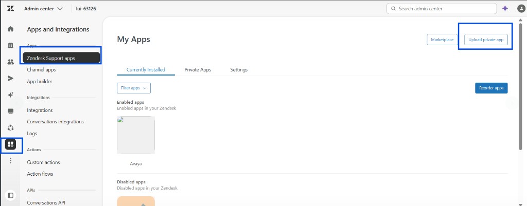 Upload private app in Zendesk Admin Center