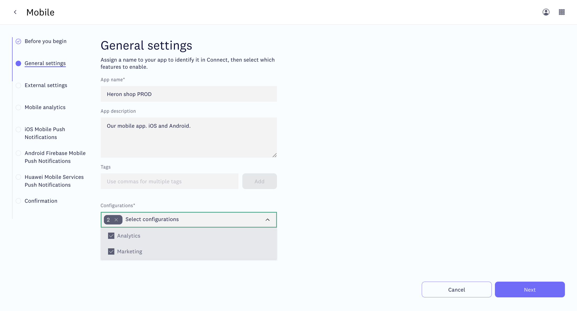 General settings for mobile app