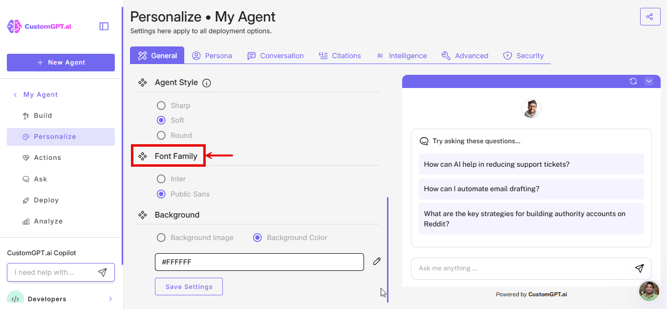 Agent customization page