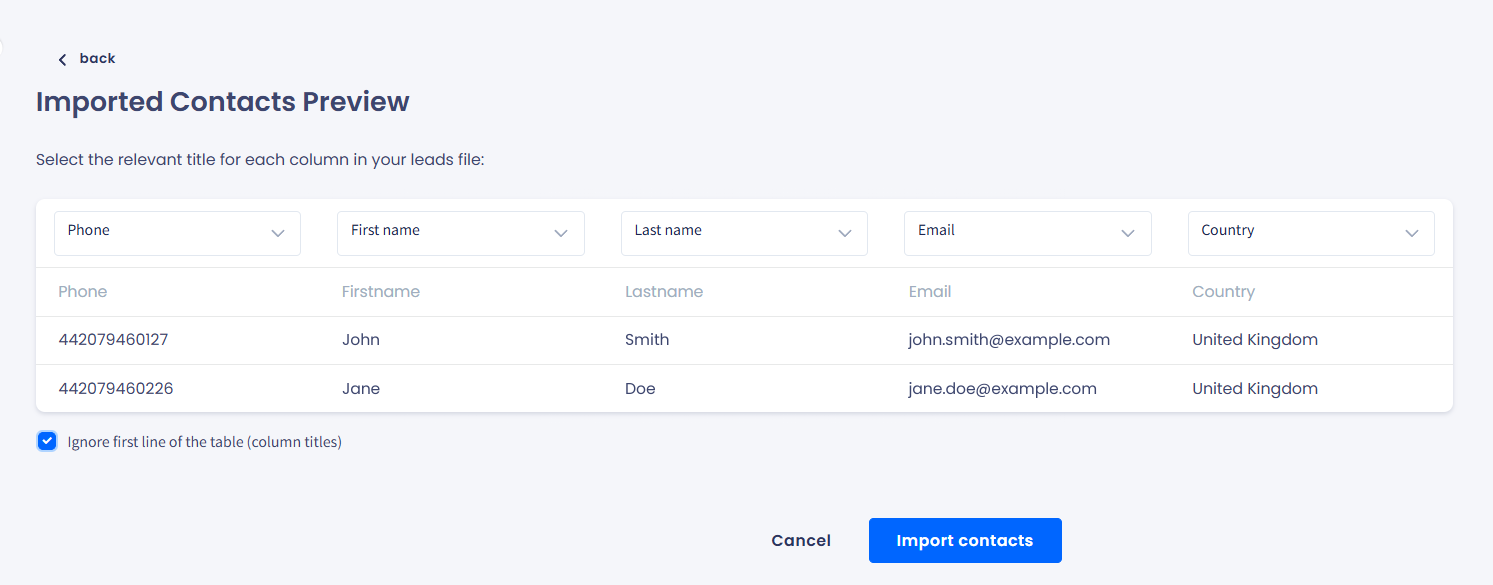 Screenshot of the Imported Contacts Preview page with the Ignore first line of the table option selected