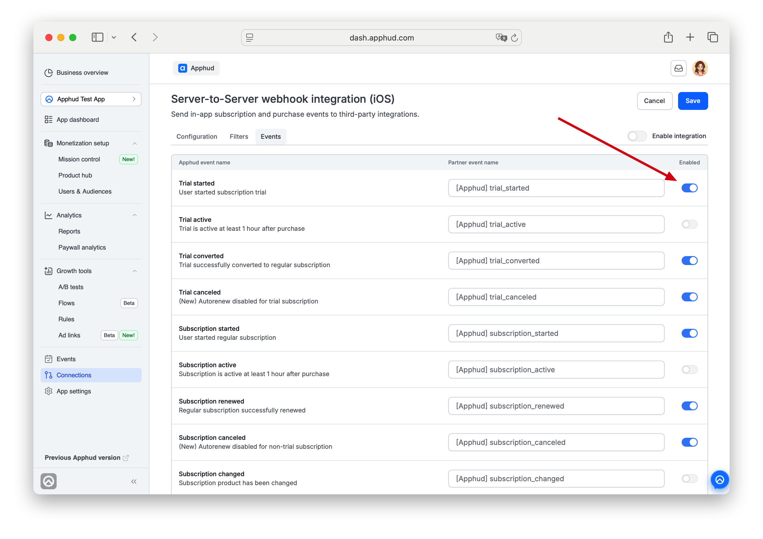 Apphud - Webhook events configuration
