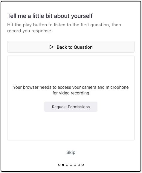 Response video player requesting permission from user. Once user approves camera and microphone permissions, then the user will be able to record their response.