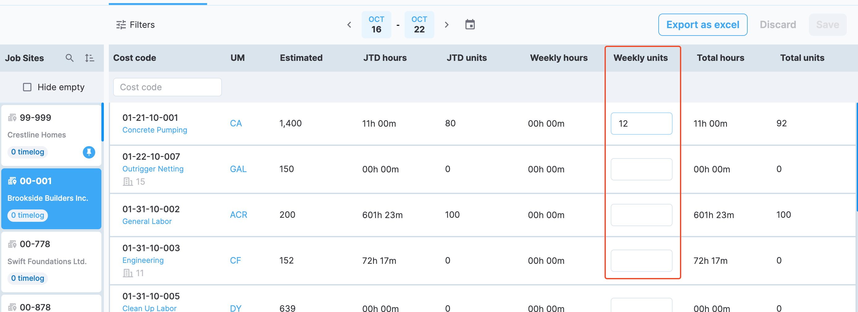 The **Weekly units** field for tracking weekly production quantity