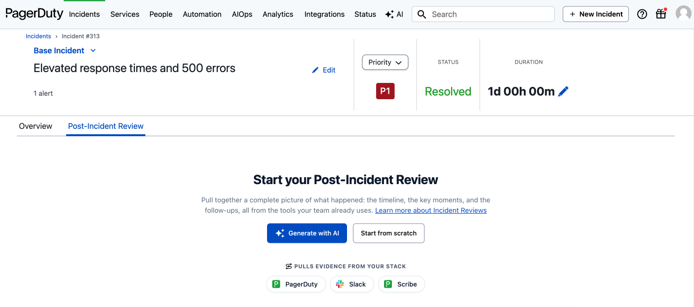 PagerDuty UI for creating a post-incident review