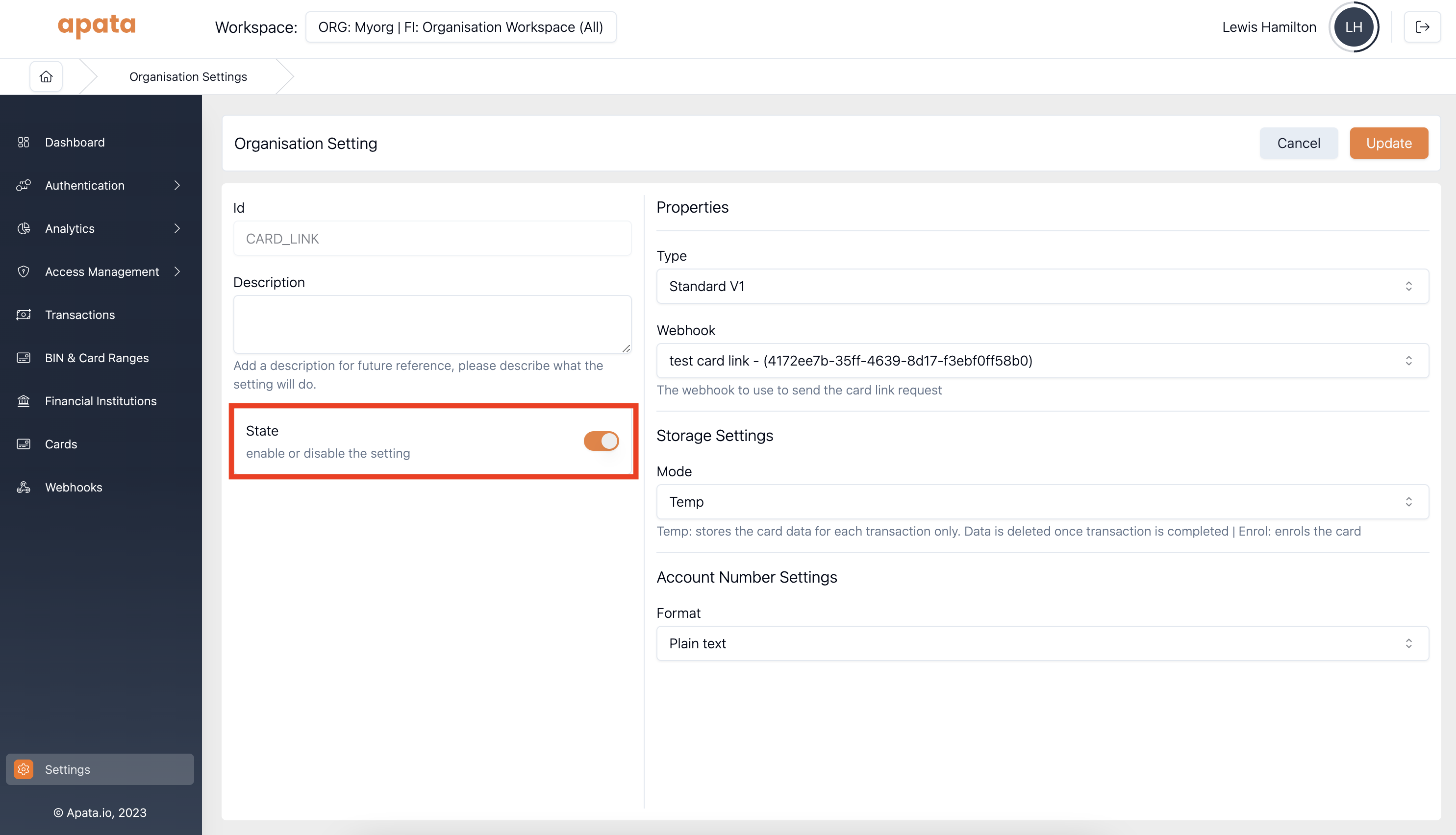 Card link setting page with disabled toggle highlighted