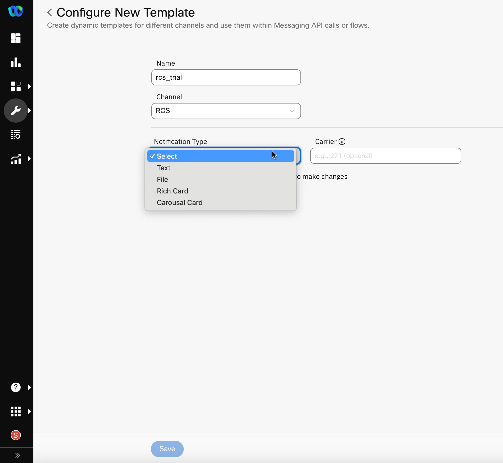 Screenshot of Configuring New RCS Template