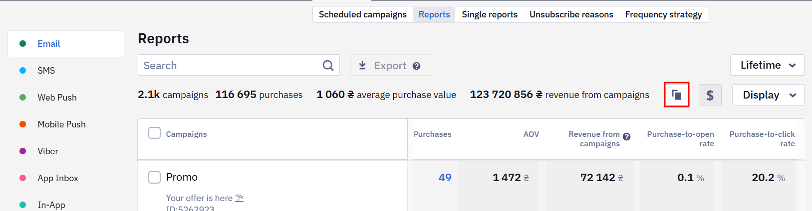 Copy and Export buttons for the general purchase data report