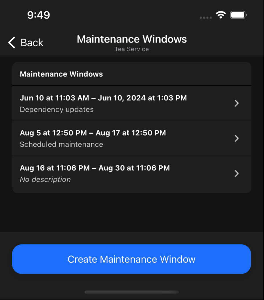 View maintenance windows in the mobile app