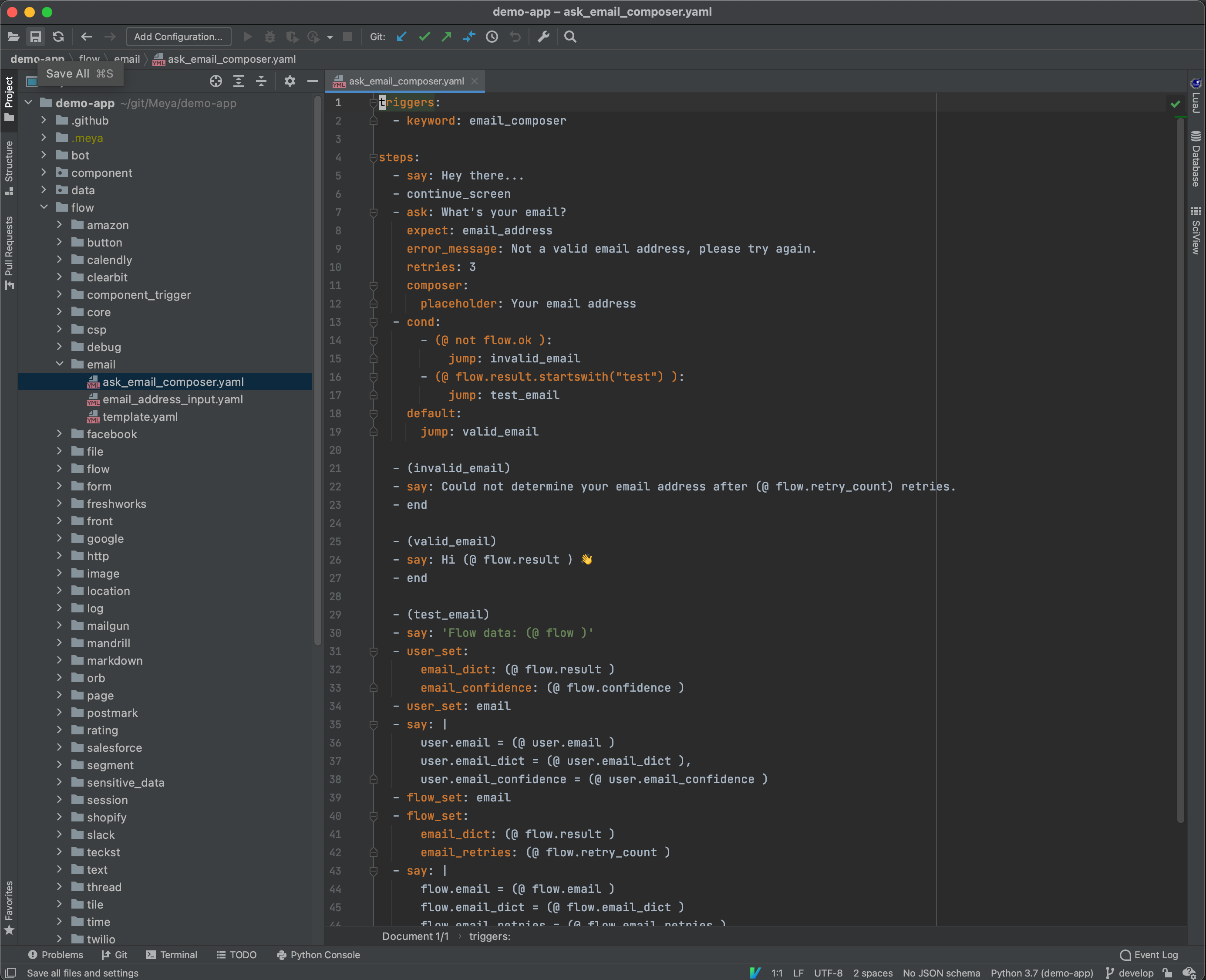 An example of editing the same flow file in the PyCharm IDE.