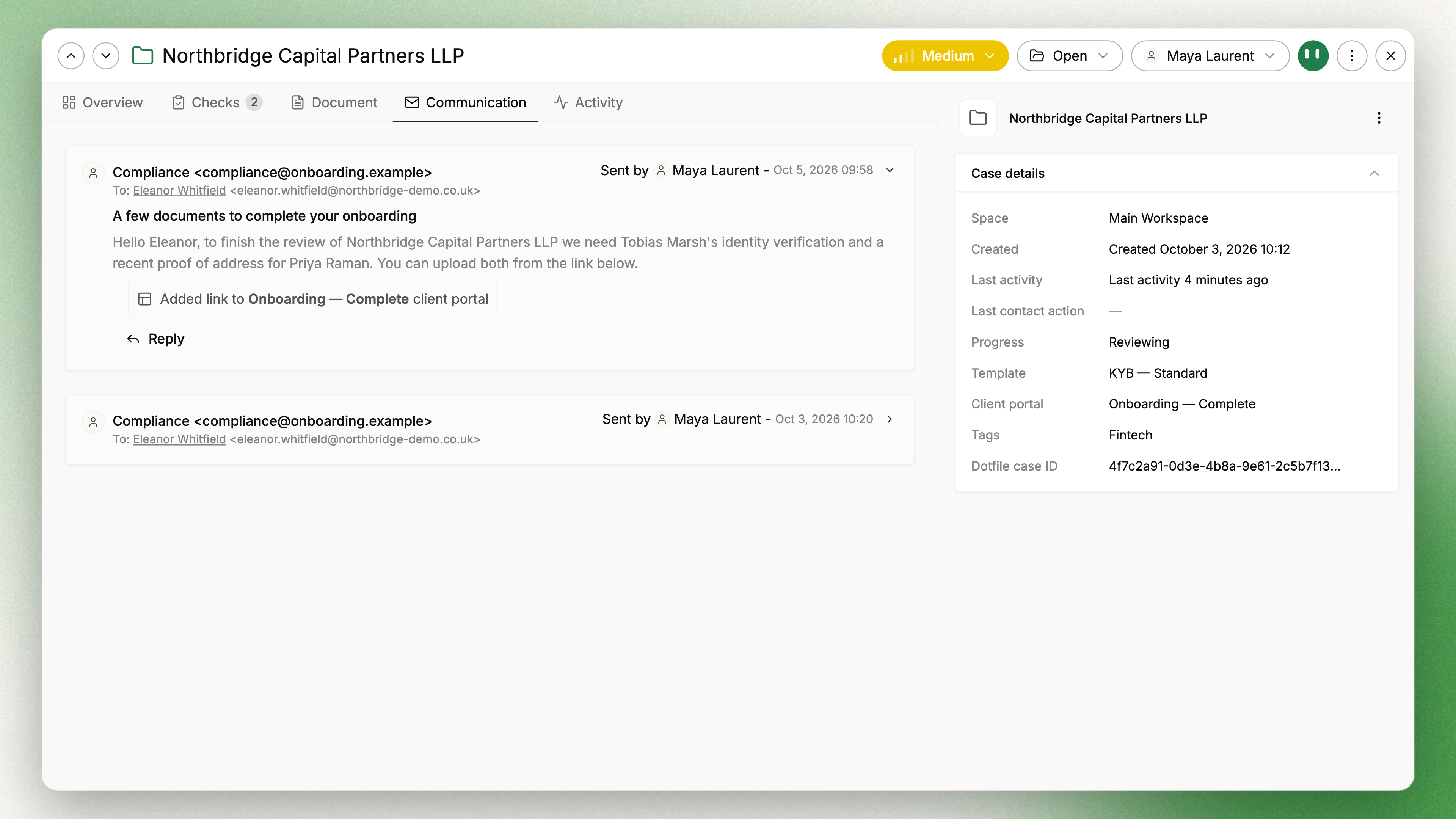The Communication tab: emails exchanged with the client