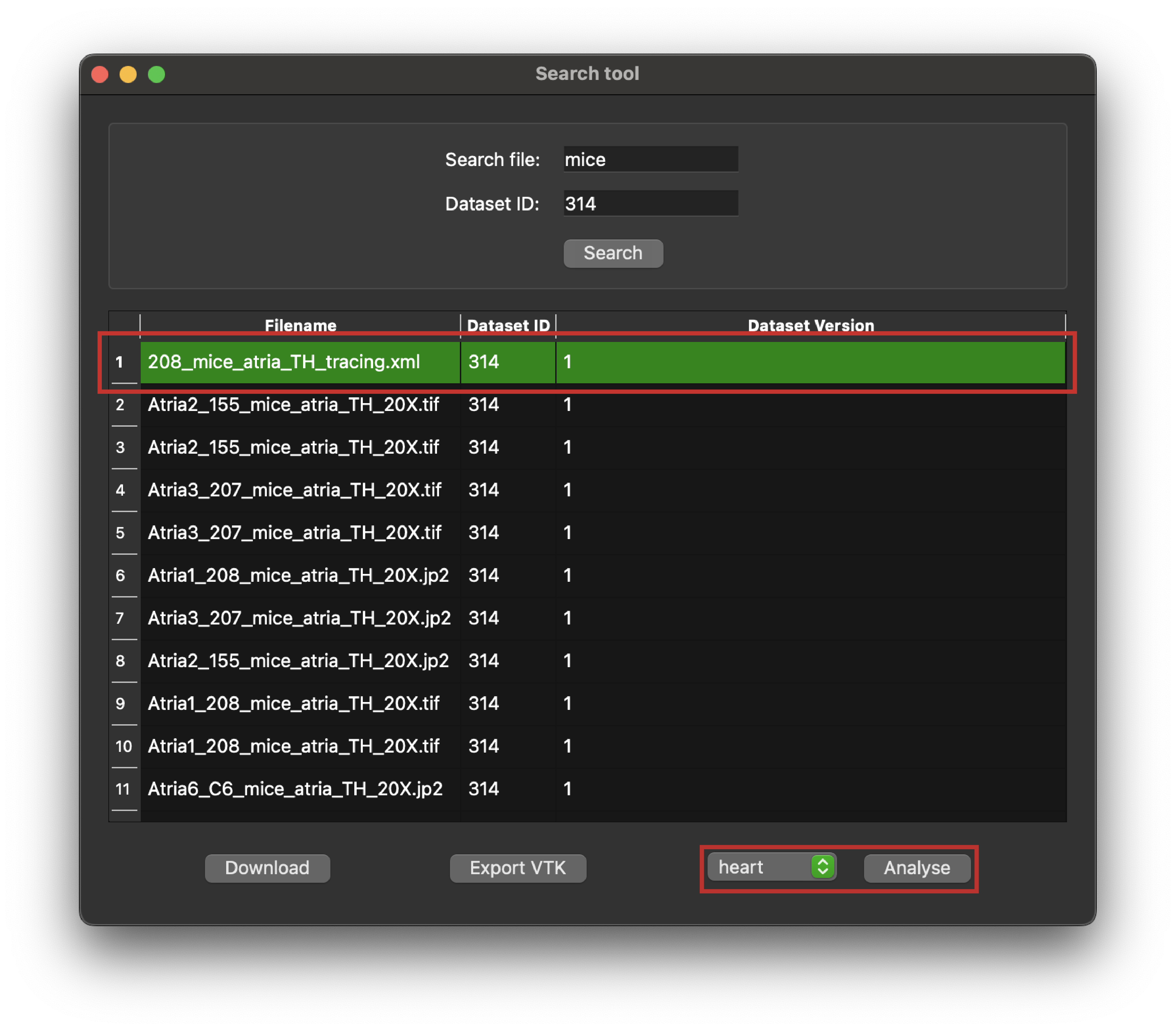 Figure 7: Python client search tool highlighting a selected entry in a query response, the _organ_ selection box, and the _Analyse_ button