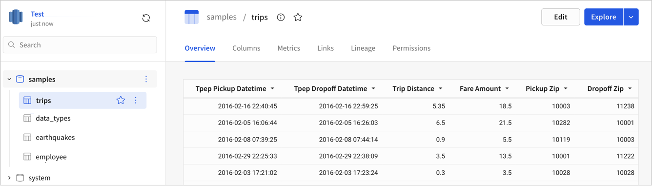 The browse connection view, showing a table available through the connection