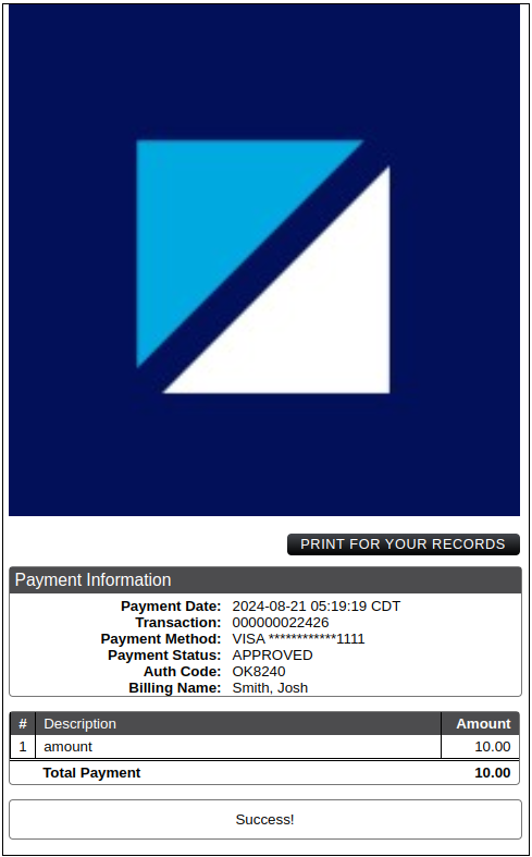 PayConex™ Portal Hosted Form Completed