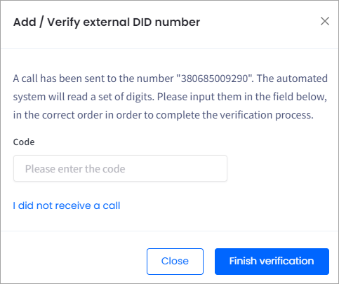 Screenshot of the **Add/Verify external DID number** dialog: entering code