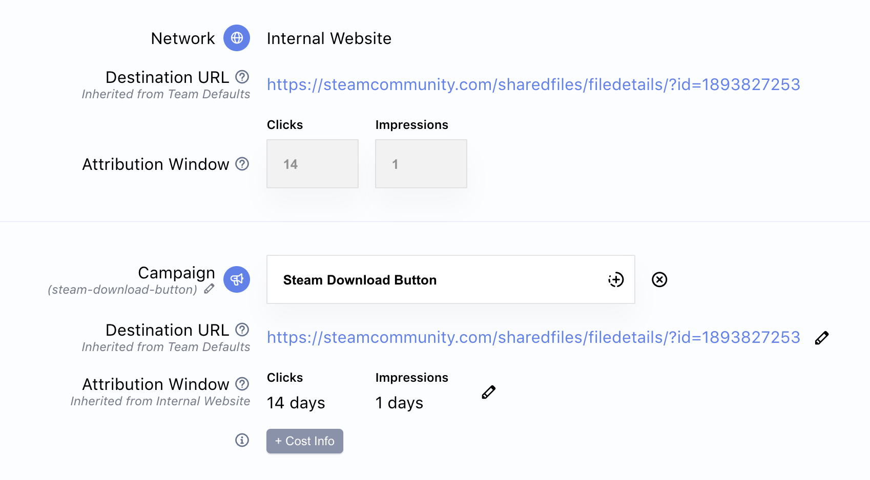 Example Tracker configuration for a download button on an internal marketing site