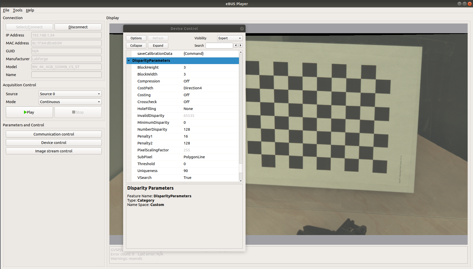 A screenshot of eBus Player connected to a Bottlenose camera showing the Disparity Parameters.