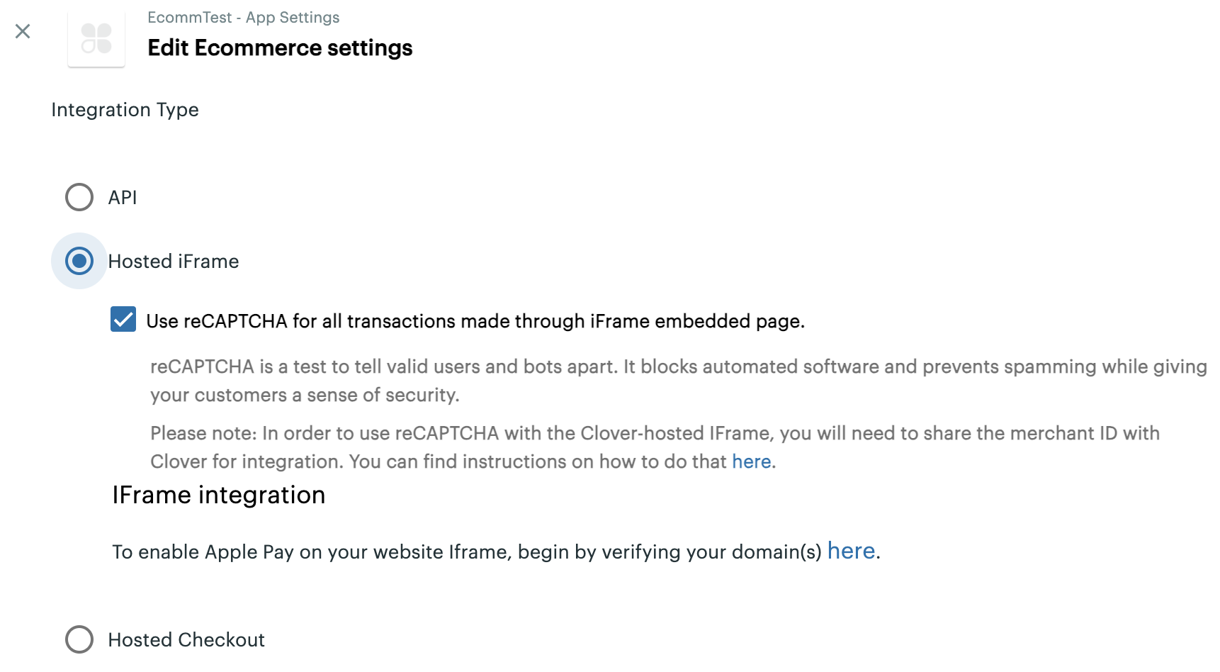 Clover Developer Dashboard: Apple Pay iframe integration domain verification link