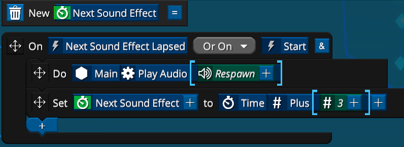 'Next Sound Effect' Play Time variable is added. The 'PlayAudio' method runs on Start, and when NextSoundEffect lapses - it then sets the 'NextSoundEffect' to the current time plus 3 seconds