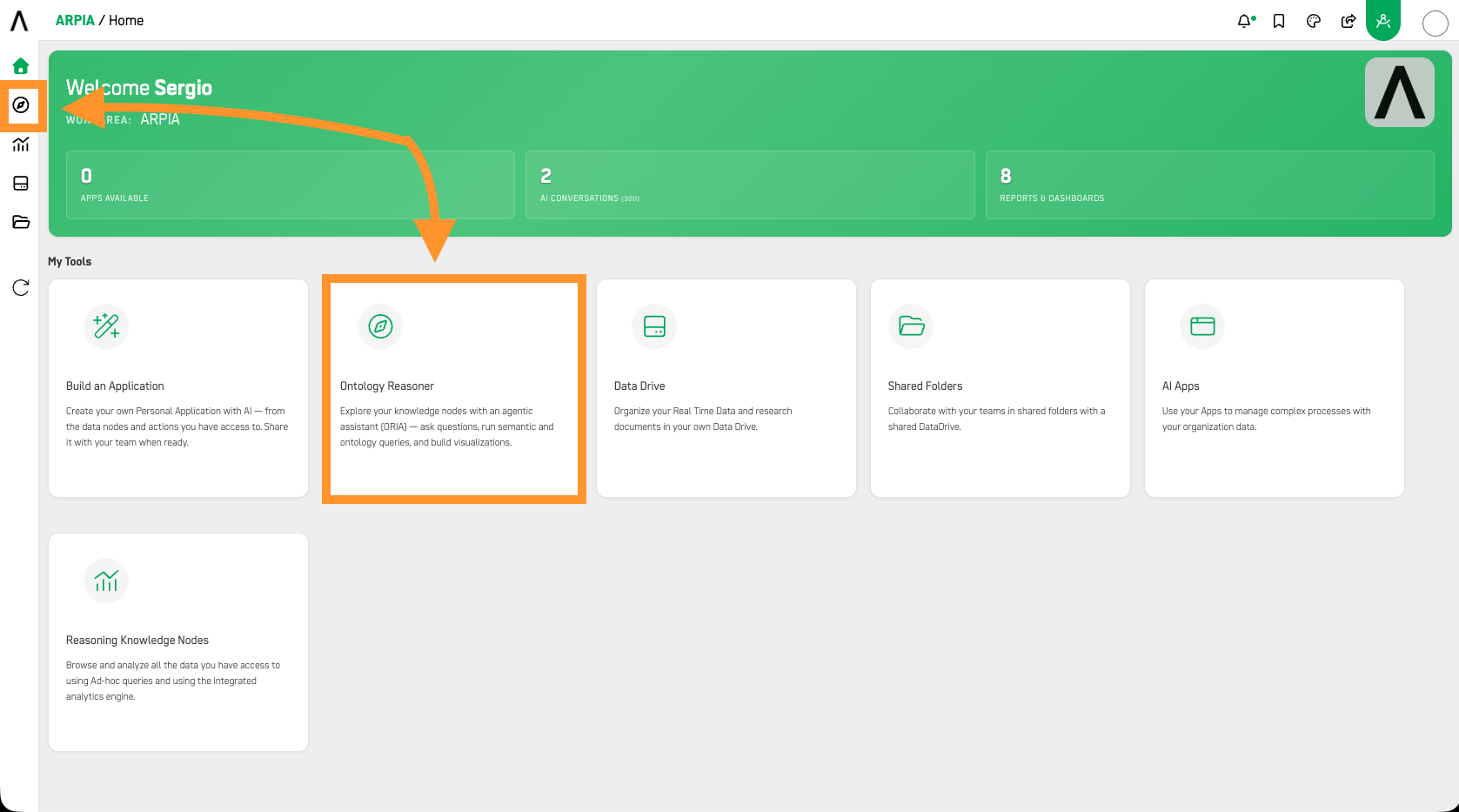 Screenshot: Ontology Reasoner tool card on ARPIA Home