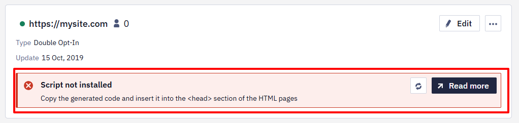 Script not installed error message instructing to copy the generated code into the HTML head section