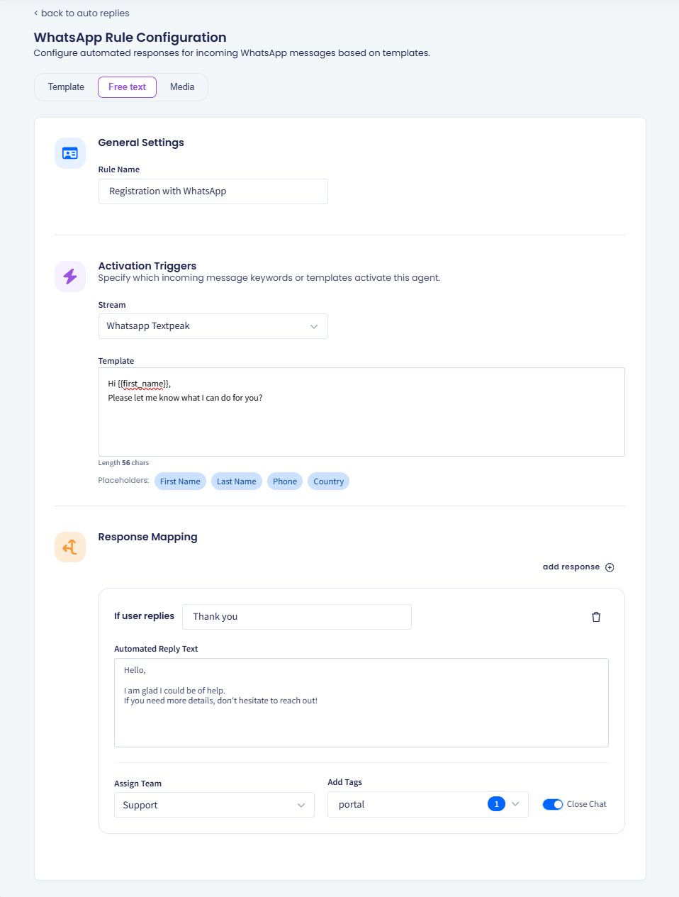 Screenshot of the Free text tab showing the Template field with the First Name, Last Name, Phone, and Country placeholders and the Response Mapping section