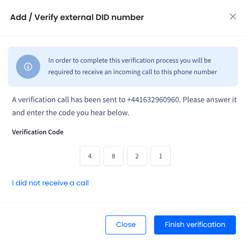 Screenshot of the Add/Verify external DID number dialog: entering code
