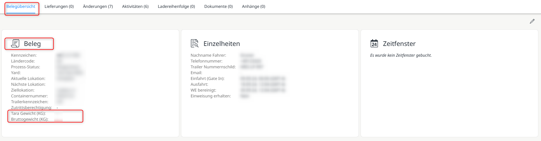 Anzeige des Tara- und Bruttogewichts innerhalb des Belegs