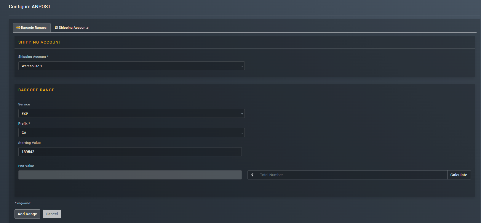 Entering barcode range details