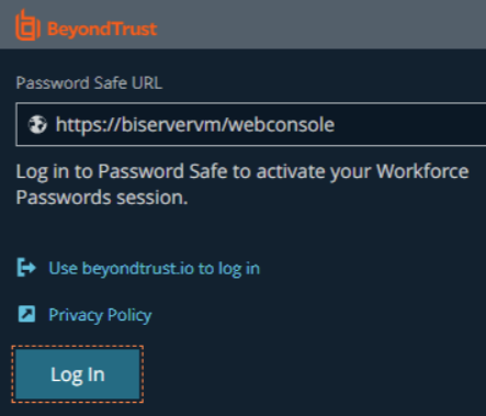 BeyondTrust Password Safe webc console with URL field, Privacy Policy link, and Log In button.
