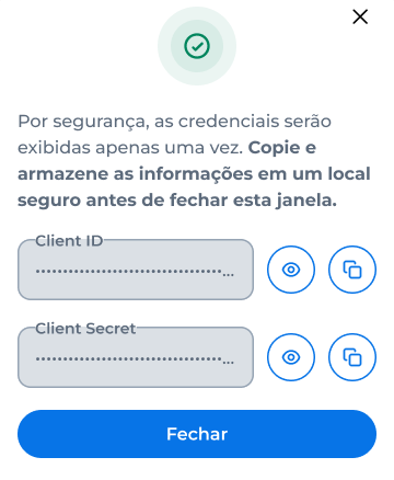 Janela com o Client ID e o Client Secret mascarados e os botões de copiar